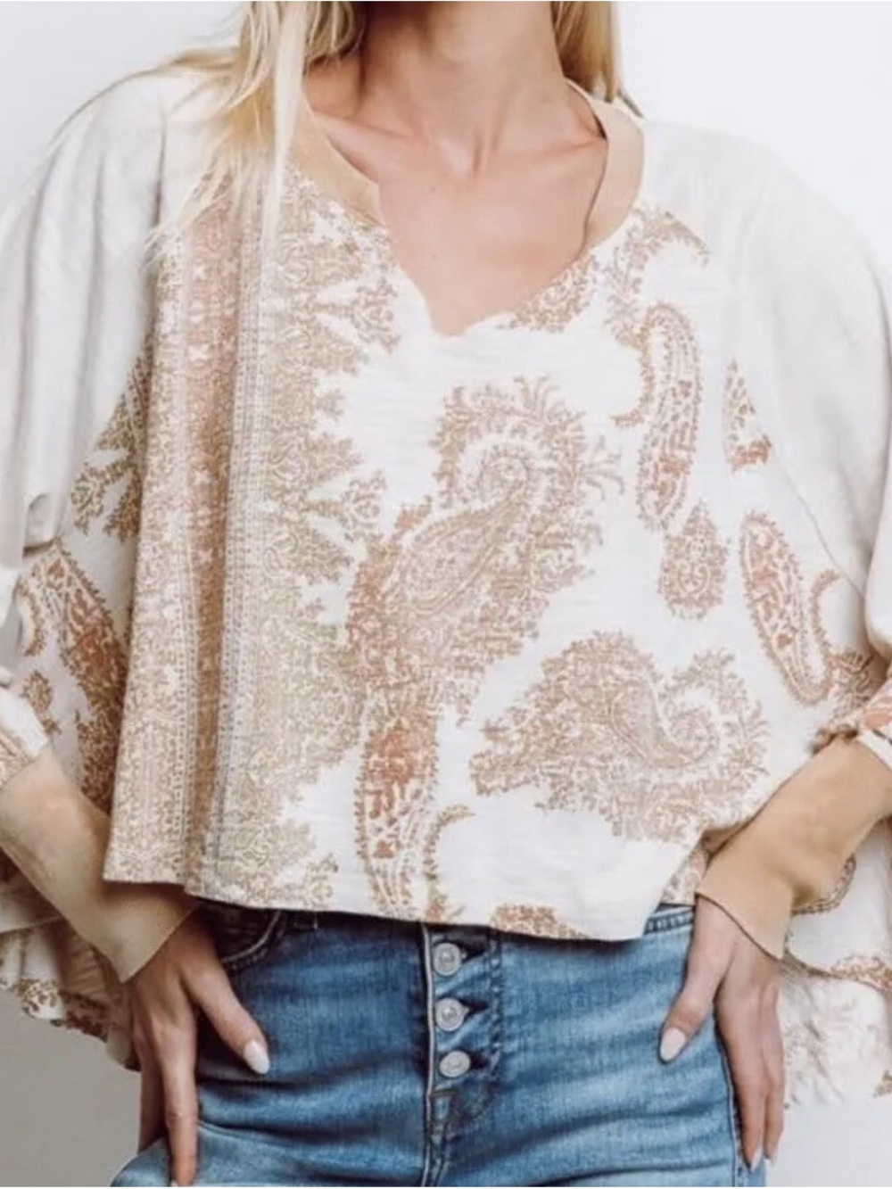 We The Free True Perfection Paisley Slouchy Oversized Top, Almond Milk Cream XL